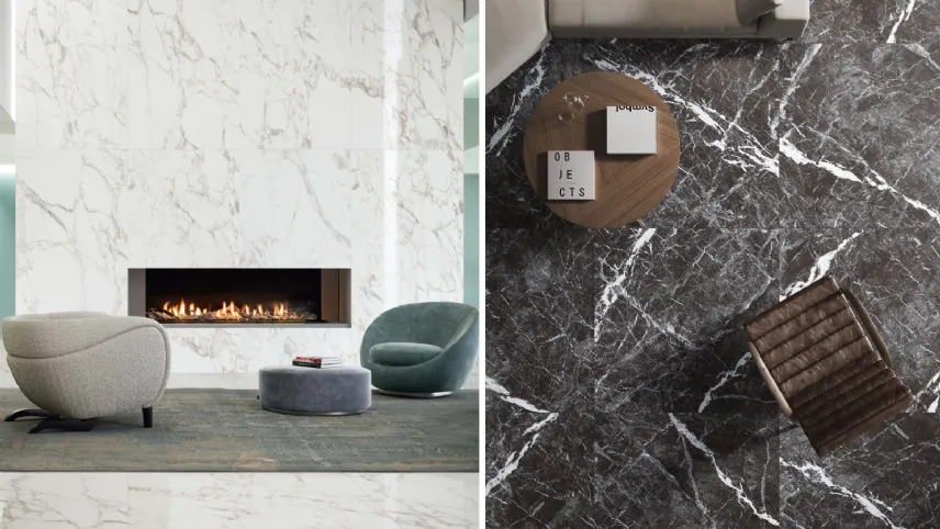 Collezione Marmoker di Casalgrande Padana: Calacatta Extra e Deep Dark